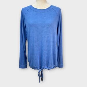 T by Talbots Pointelle Knit Top Women's M Blue Pullover Sweater Drawstring Hem